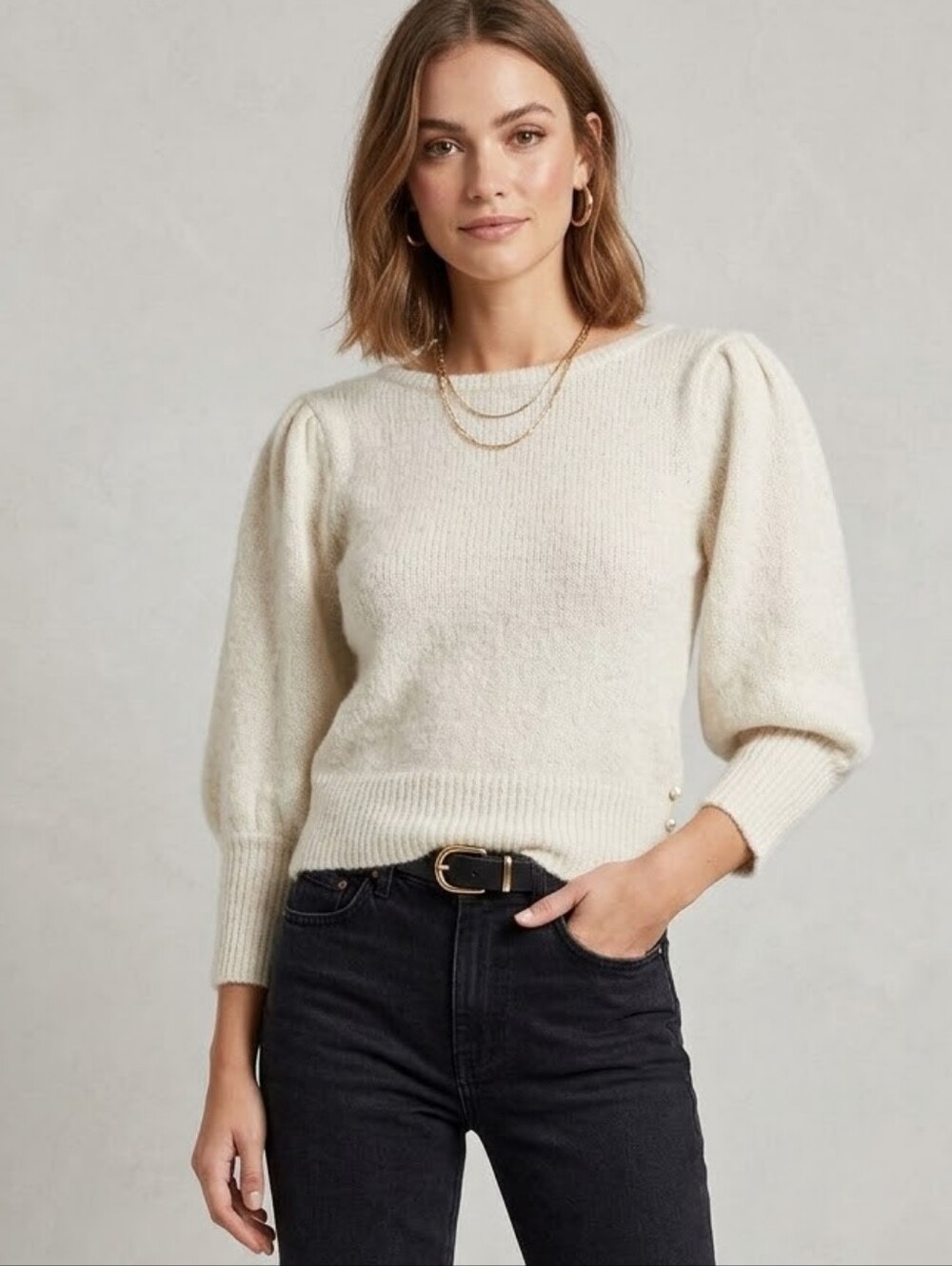 Vintage Silk Angora Blend Soft Puff-Sleeve Crewneck Sweater - Cream Size L